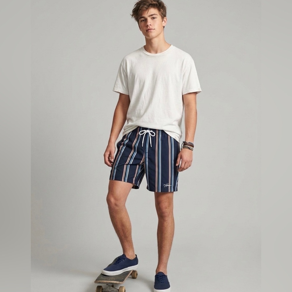 Hollister Navy Stripe Swim Shorts with Drawstring size S